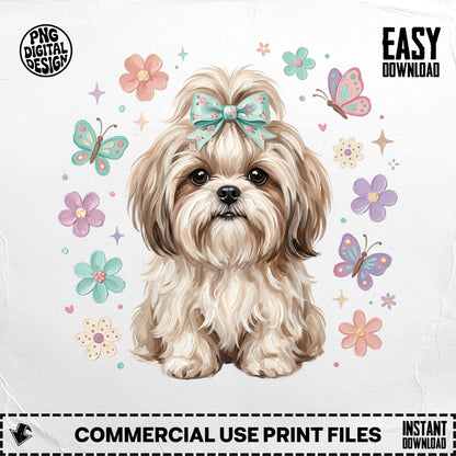 Shih Tzu dog with pastel flowers and butterflies, "Easy Download" text.