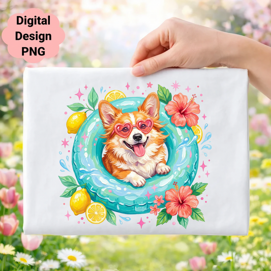Corgi in heart sunglasses floating in a pool float with hibiscus flowers and lemons.