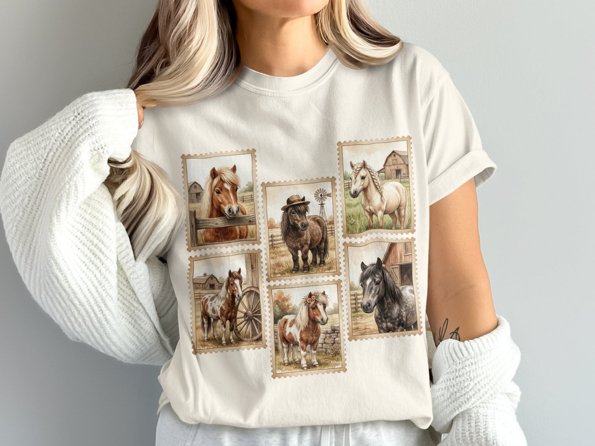 Collage of six watercolor horse portraits in vintage stamp frames on a t-shirt.