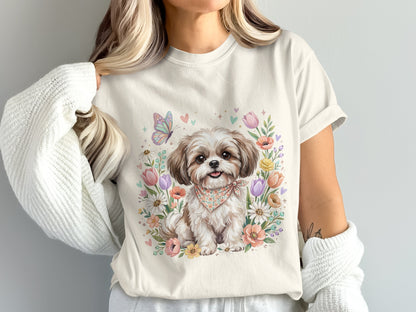 Cream t-shirt with Shih Tzu dog, floral and butterfly illustration.
