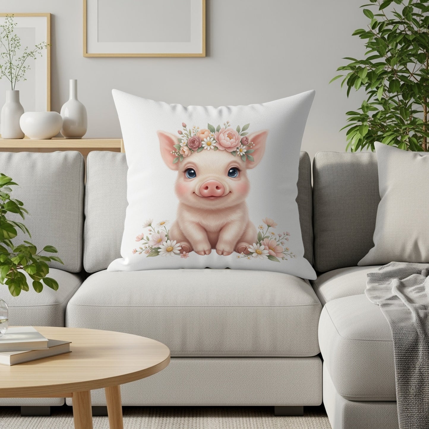 Cute cartoon piglet wearing a flower crown on a white pillow.