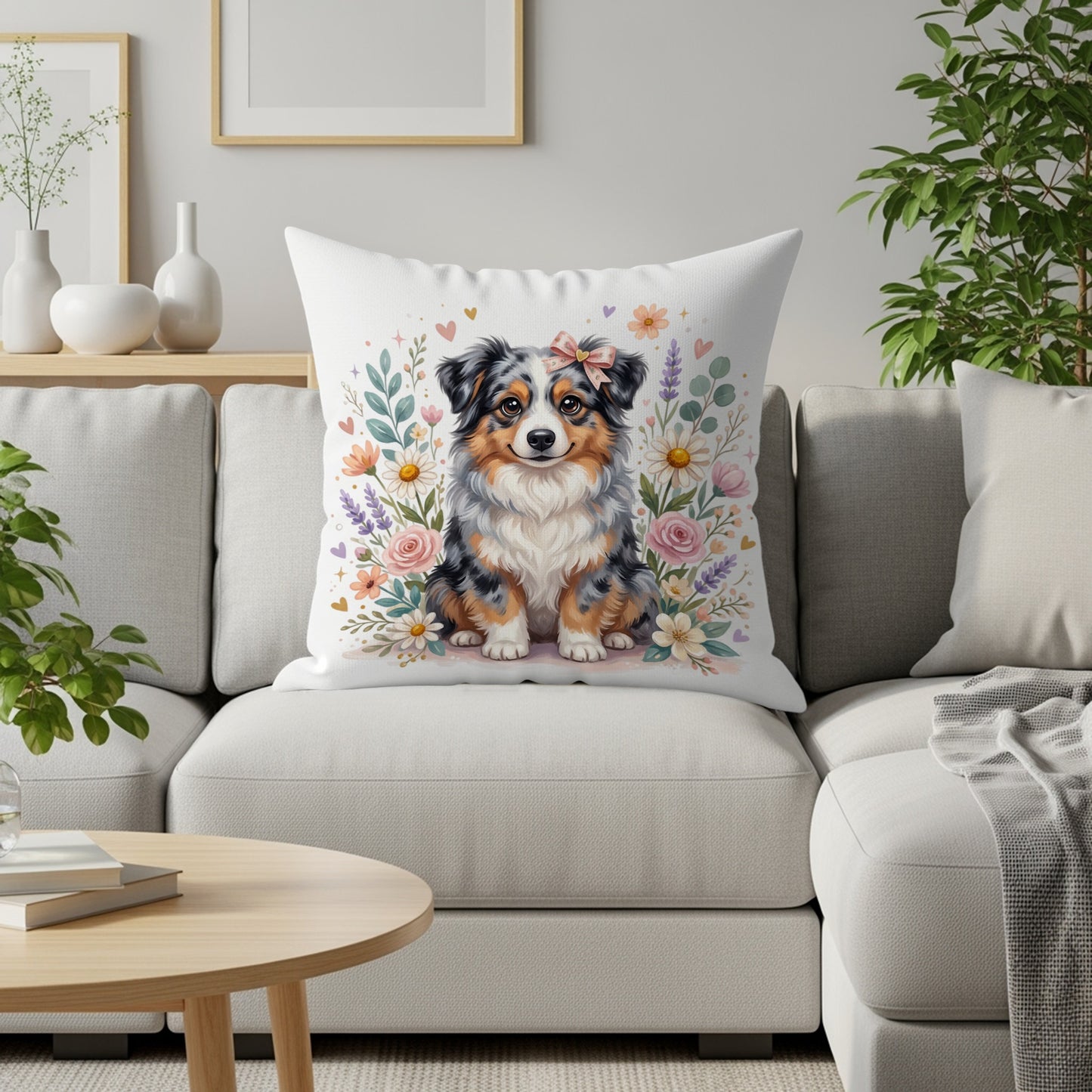 Fluffy Australian Shepherd puppy sits on a white pillow surrounded by flowers.