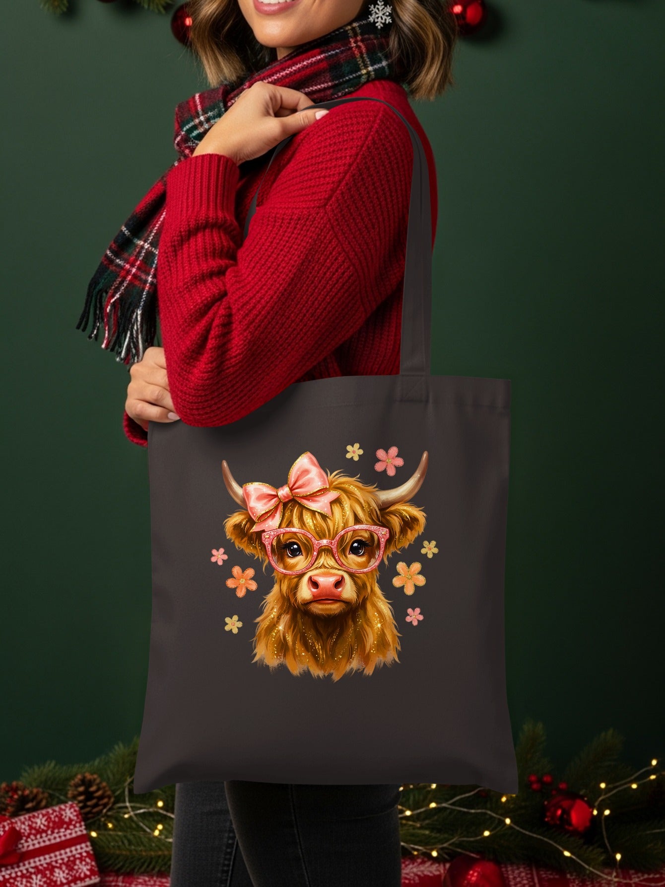 Tote bag with a Highland cow wearing glasses and a bow, surrounded by flowers.