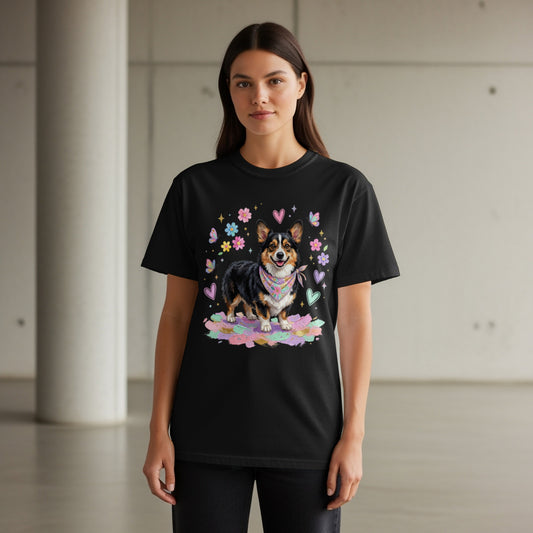 Black t-shirt featuring a corgi with a bandana surrounded by flowers and butterflies.