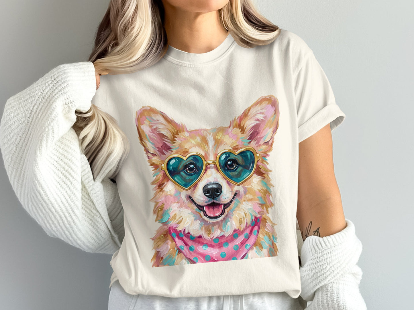 Corgi wearing heart-shaped sunglasses and a polka dot bandana.