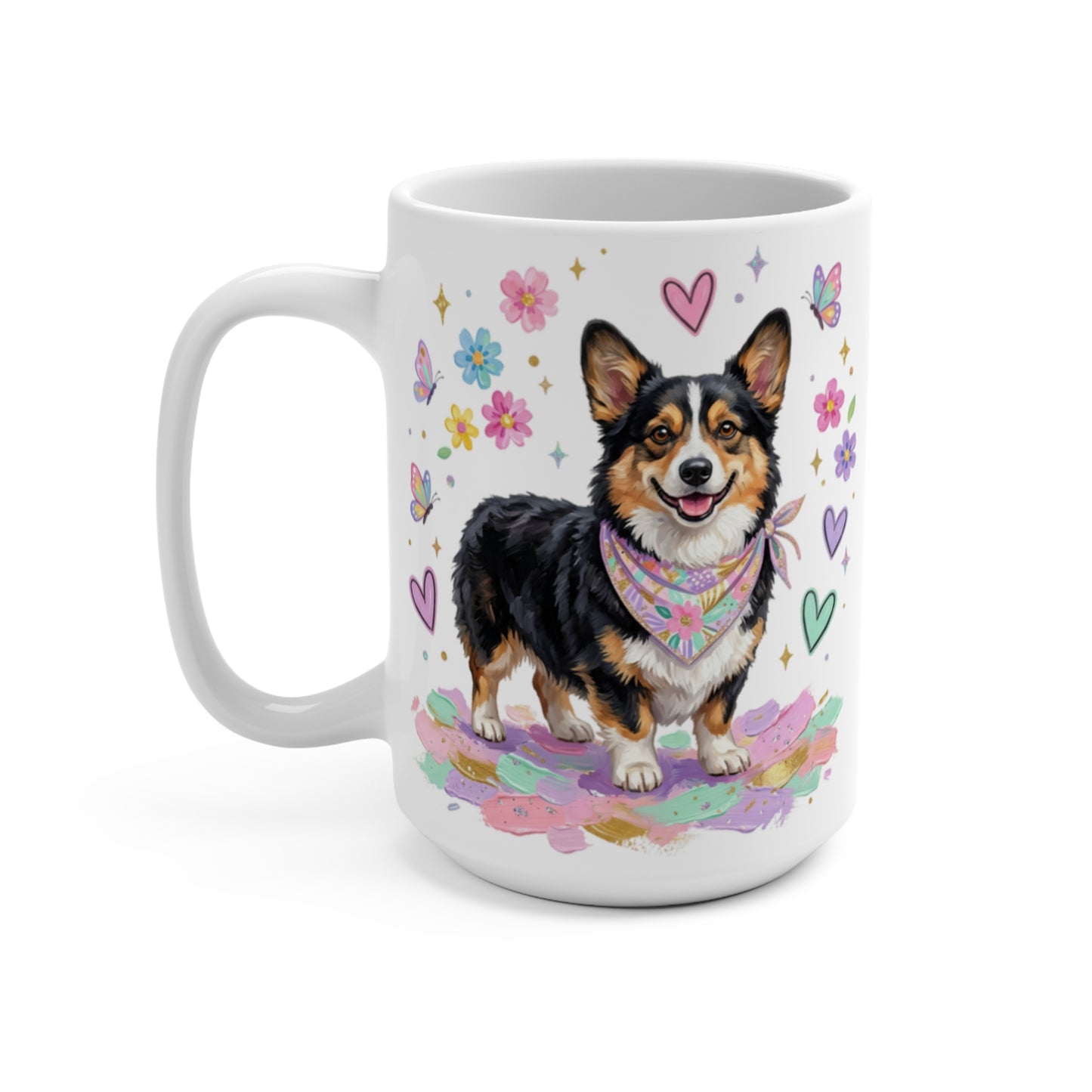 Corgi wearing a bandana surrounded by colorful flowers and hearts.