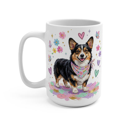 Corgi wearing a bandana surrounded by colorful flowers and hearts.