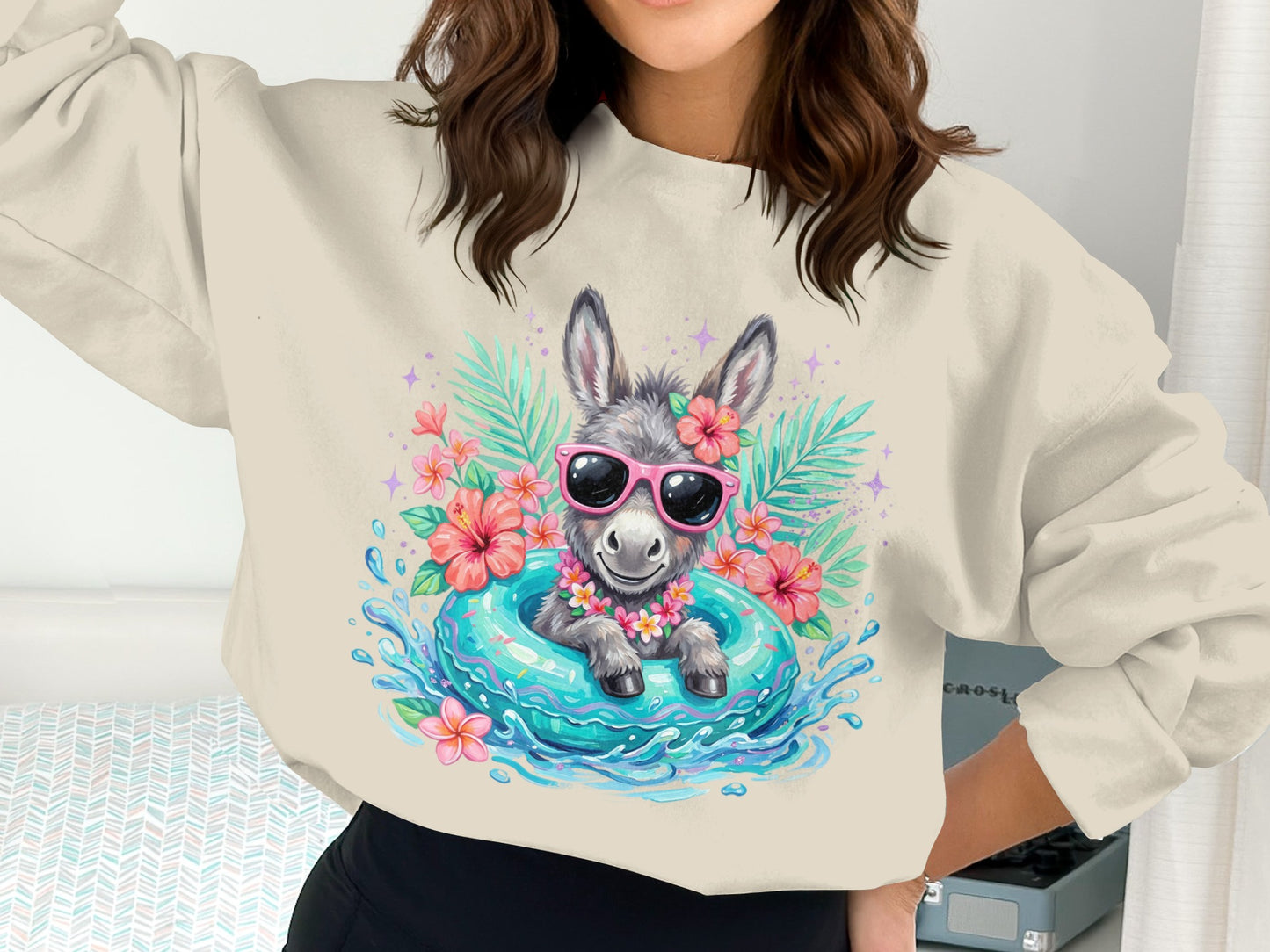 Donkey wearing sunglasses floats in a pool with flowers.