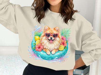 Pomeranian dog in heart sunglasses in inflatable ring with lemons and flowers.