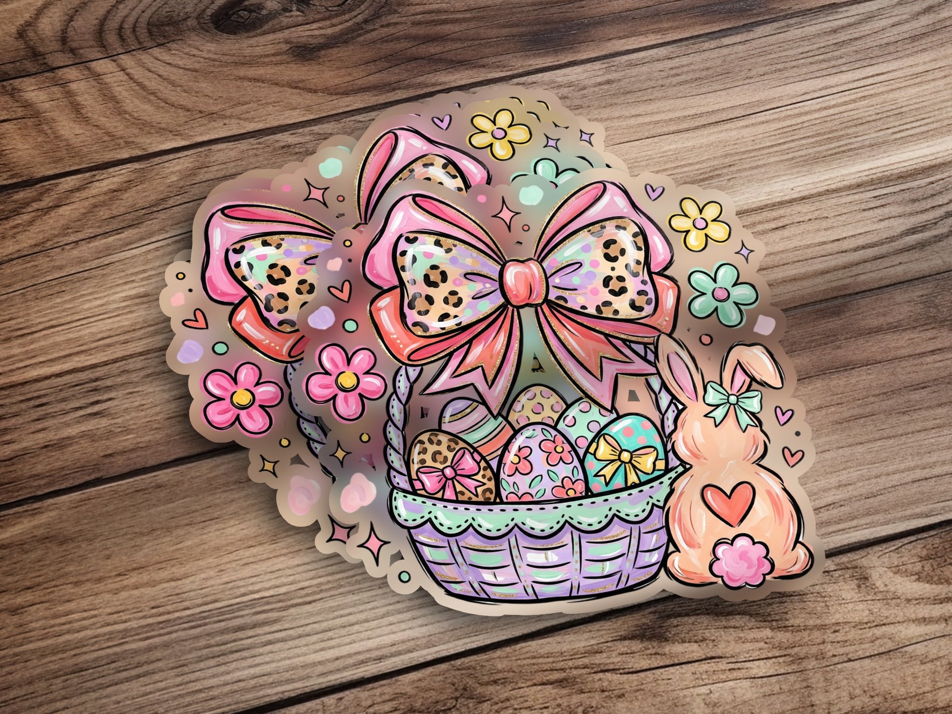 Easter basket with colorful eggs, a bunny, and bows on a wooden background.