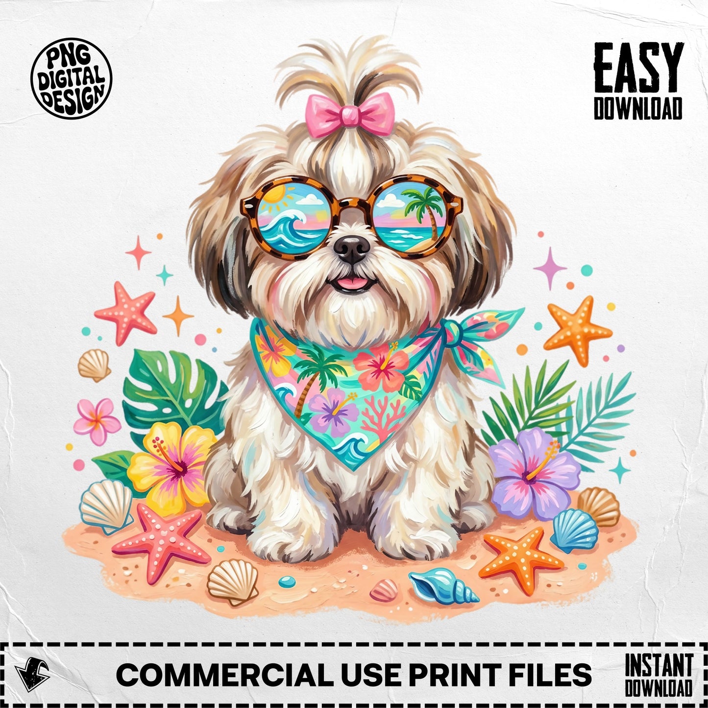 Shih Tzu wearing sunglasses and bandana on beach, with "Easy Download" and "Commercial Use Print Files".