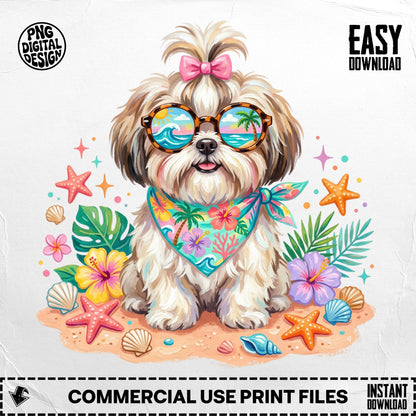 Shih Tzu wearing sunglasses and bandana on beach, with "Easy Download" and "Commercial Use Print Files".