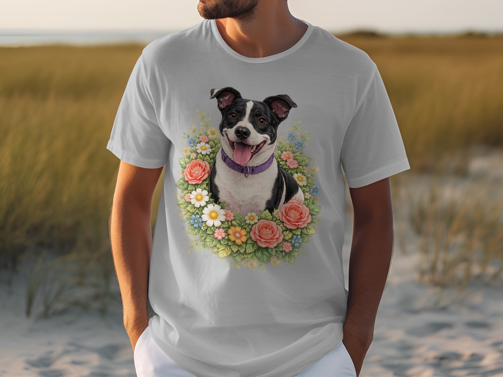 T-shirt with a pit bull dog wearing a flower collar.