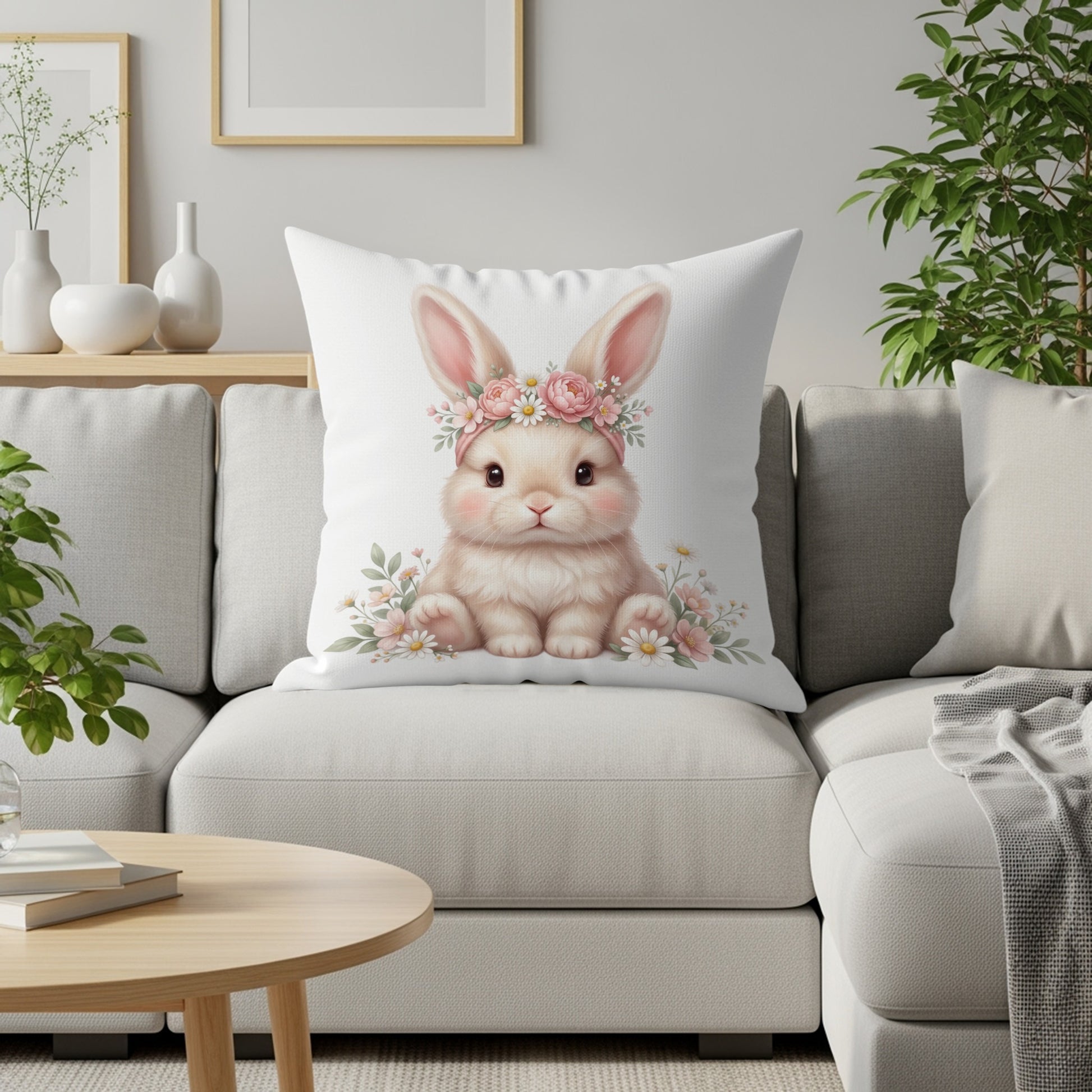 Fluffy white bunny with flower crown on a throw pillow.