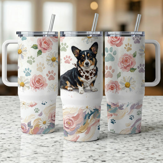 Trio of tumblers with corgi dog and floral paw print design.