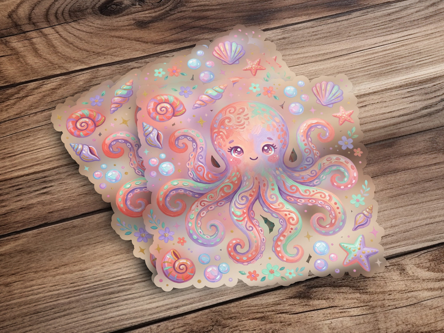 Colorful octopus sticker with seashells, stars, and bubbles on a wooden surface.