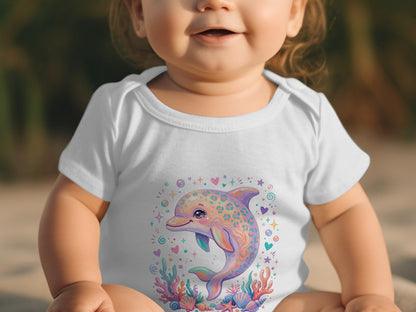 Baby wearing white onesie with colorful dolphin and coral print.