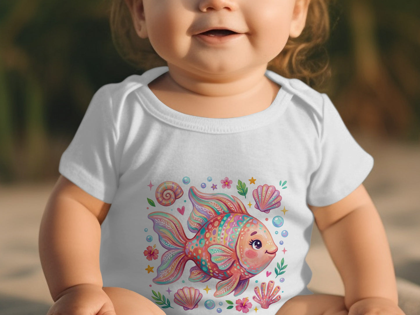 White baby onesie with colorful coral reef fish and seashell graphic.