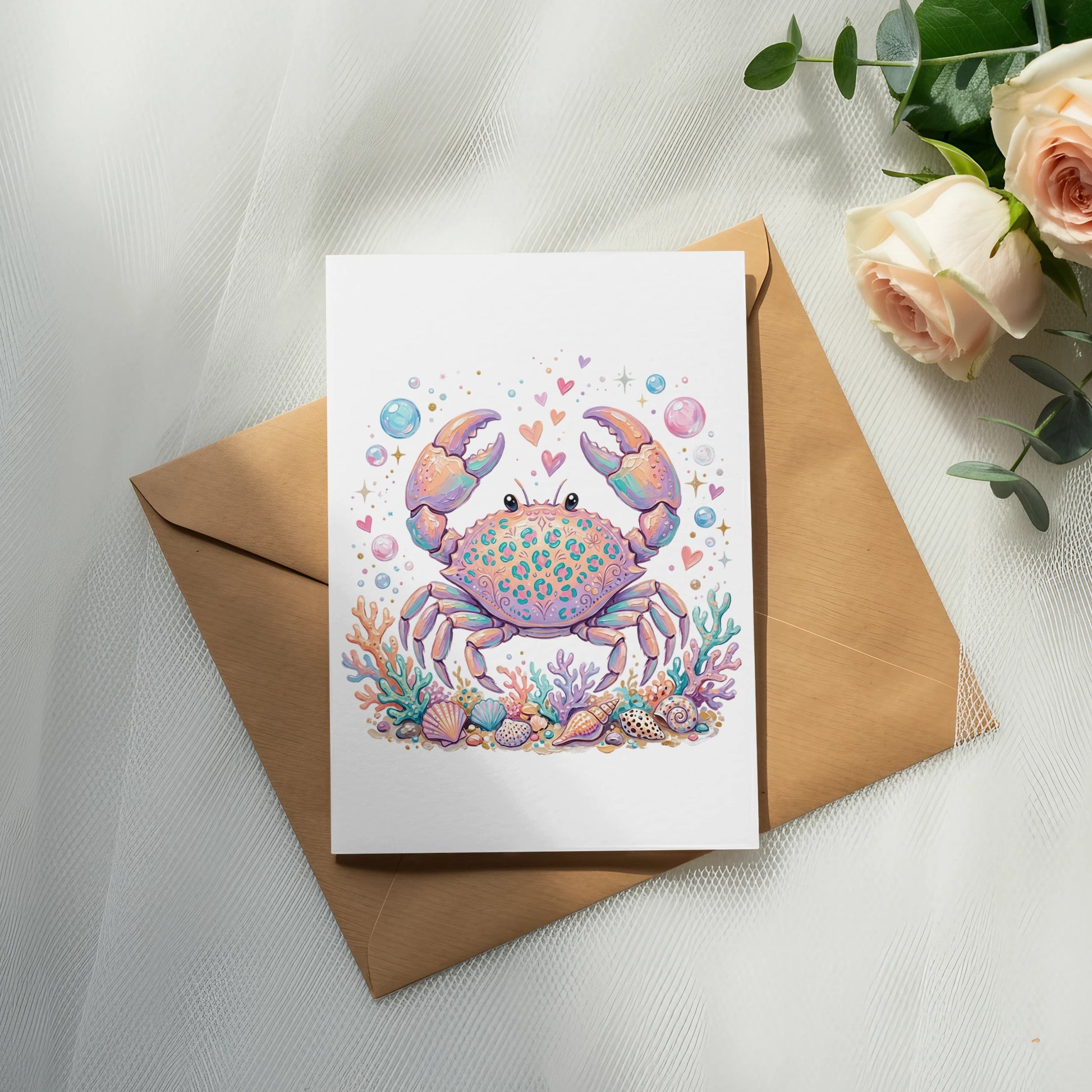 Greeting card with colorful crab illustration, shells, and bubbles on brown envelope.