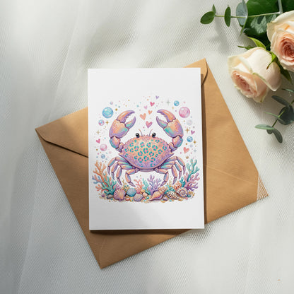 Greeting card with colorful crab illustration, shells, and bubbles on brown envelope.