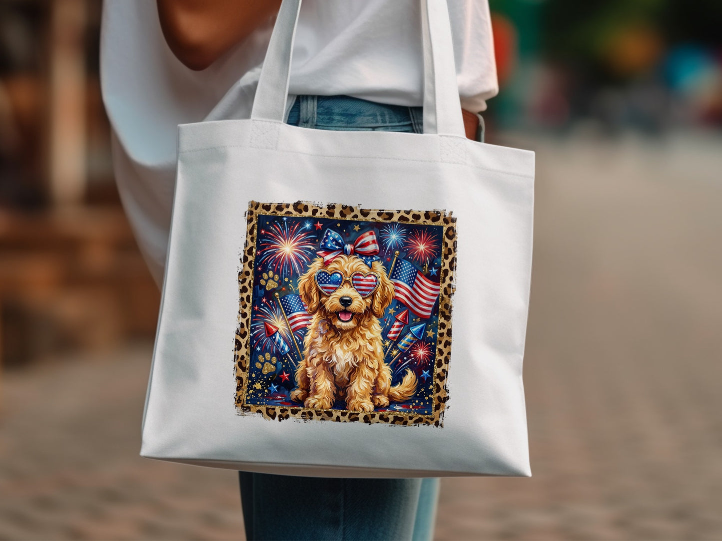 Golden retriever puppy wearing sunglasses with American flag bandana and fireworks.