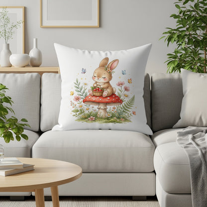 Watercolor bunny on mushroom with basket of strawberries and butterflies.