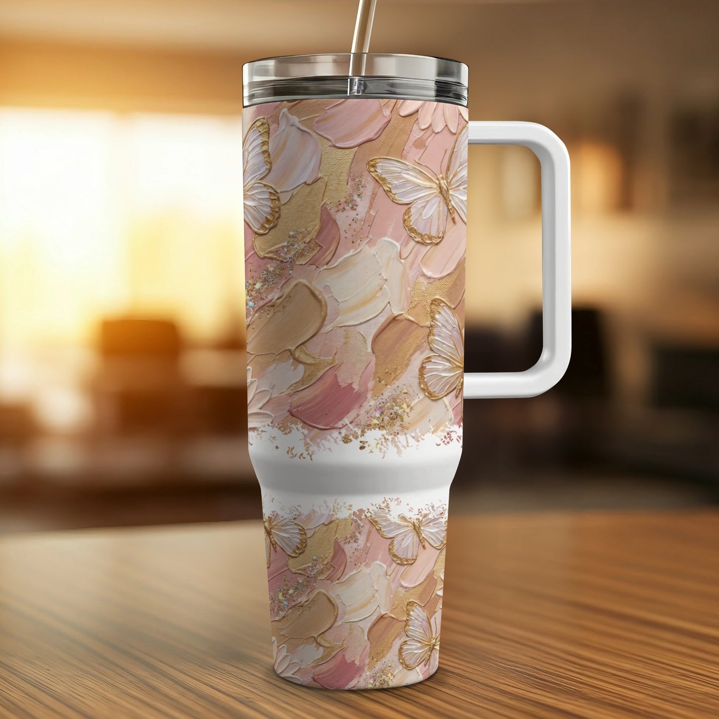 30 oz tumbler with butterfly and textured floral design.