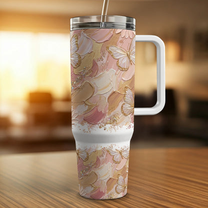 30 oz tumbler with butterfly and textured floral design.