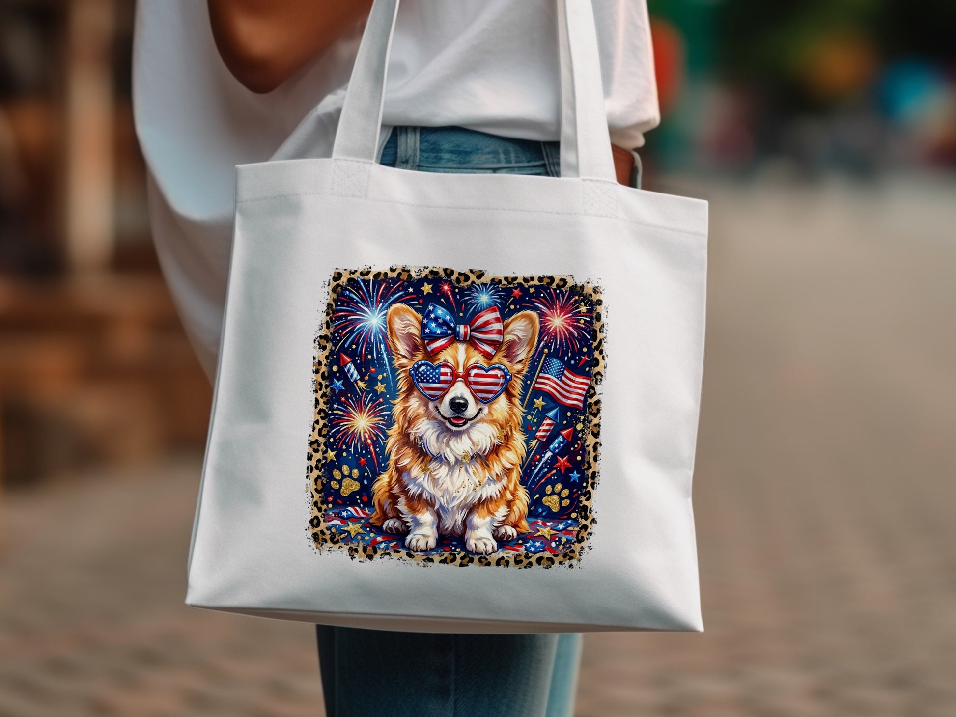 Corgi wearing sunglasses and a bow tie, with fireworks and American flags.