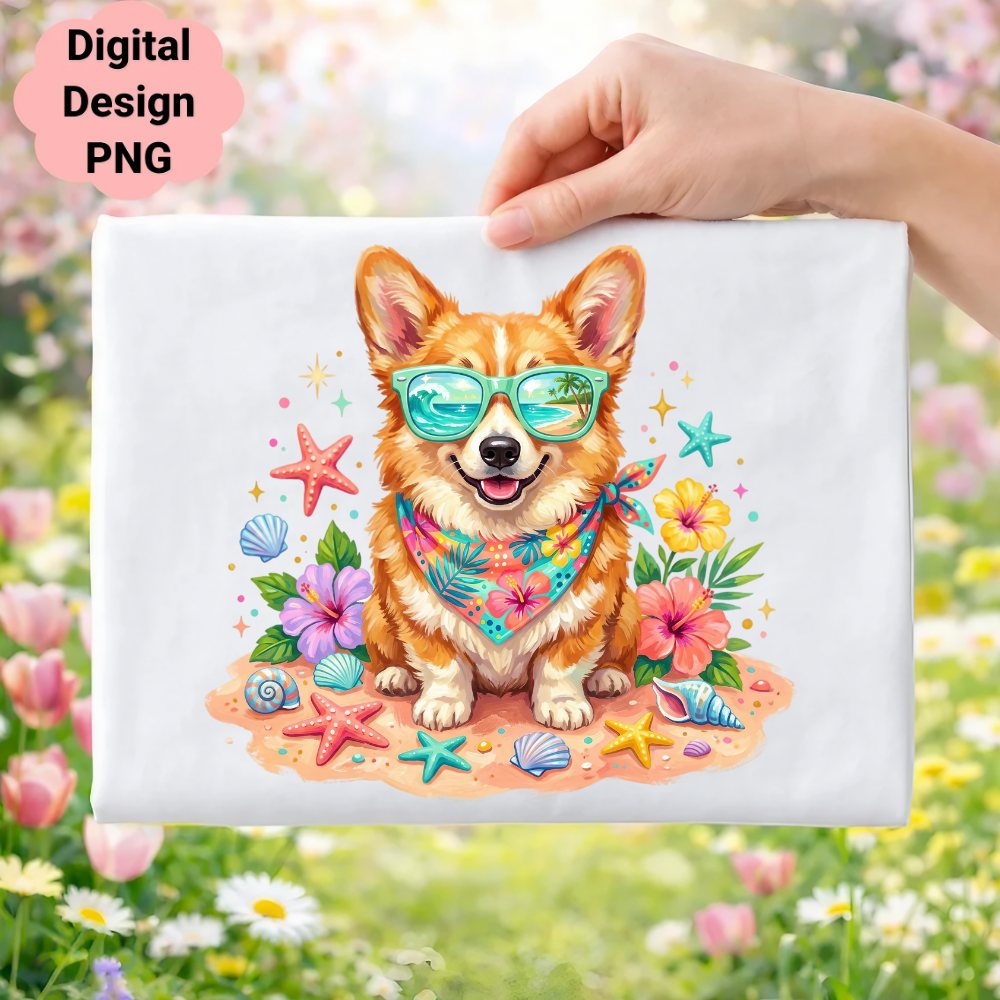 Corgi wearing sunglasses and bandana, surrounded by seashells and flowers.