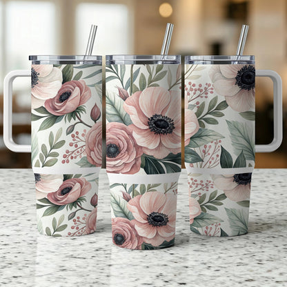Three tumblers with a floral anemone and leaf design.