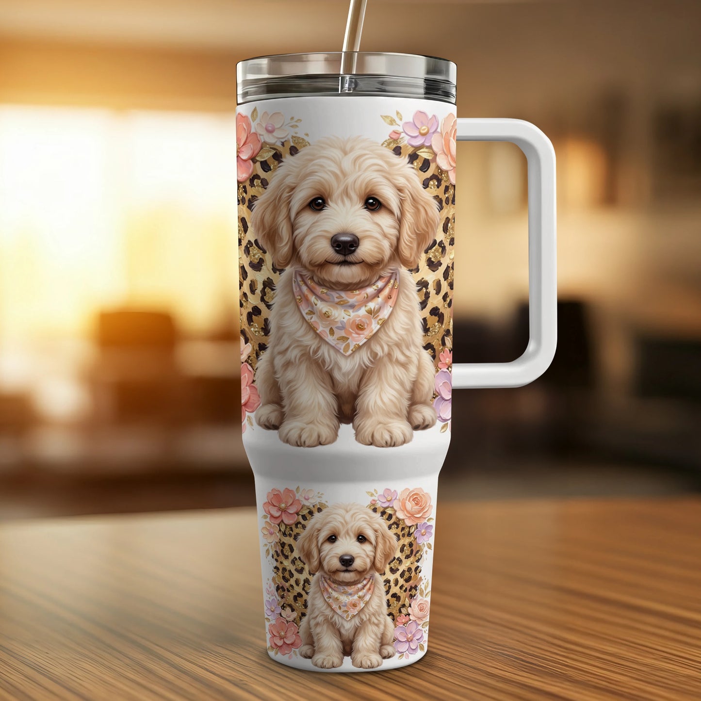 White travel mug with goldendoodle dog and floral leopard print pattern.