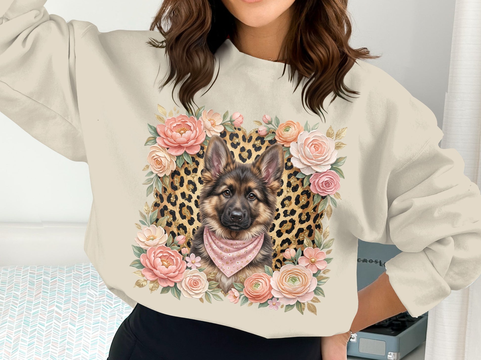 German Shepherd head surrounded by floral and leopard print design.