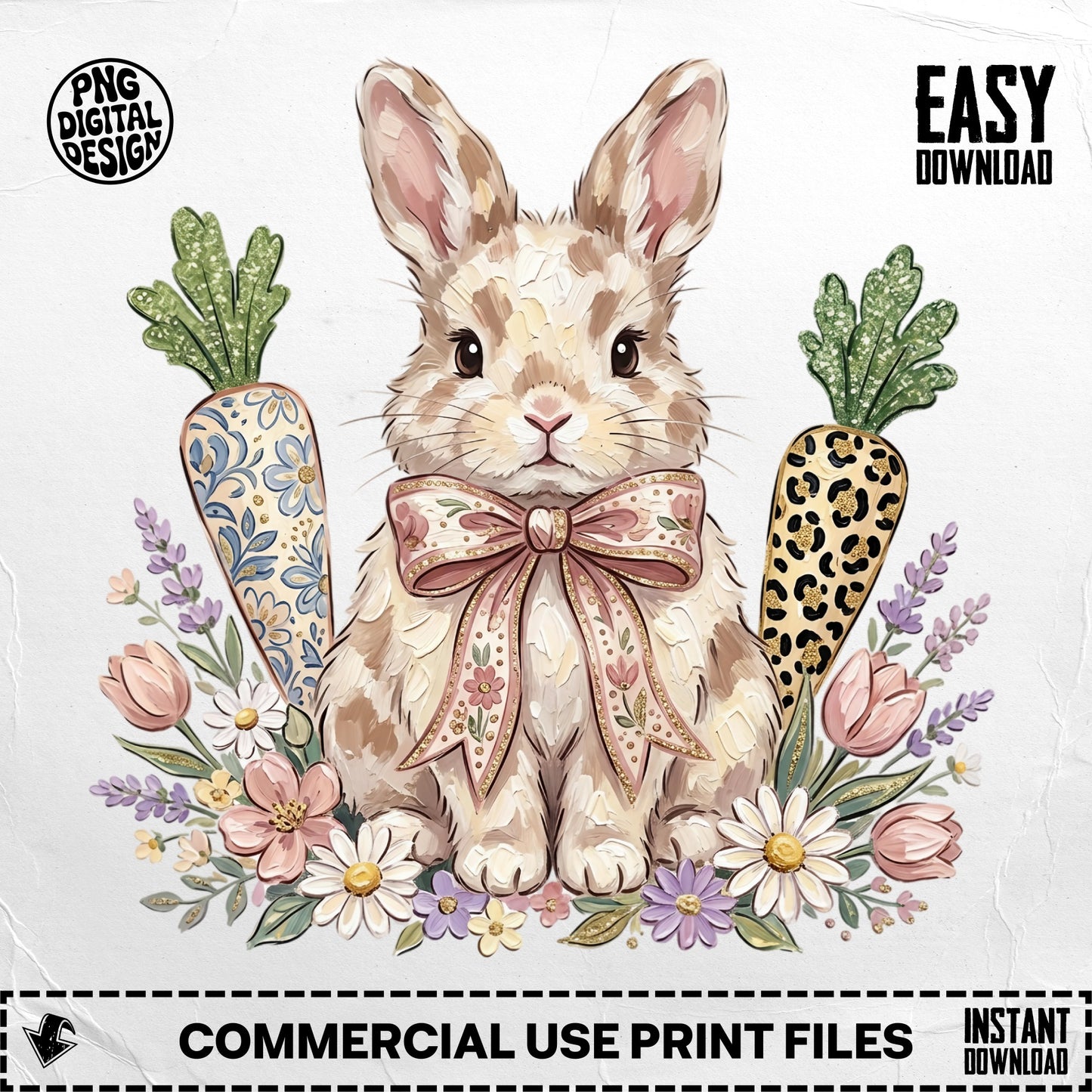 Easter bunny with carrots and flowers, PNG DIGITAL DESIGN EASY DOWNLOAD.