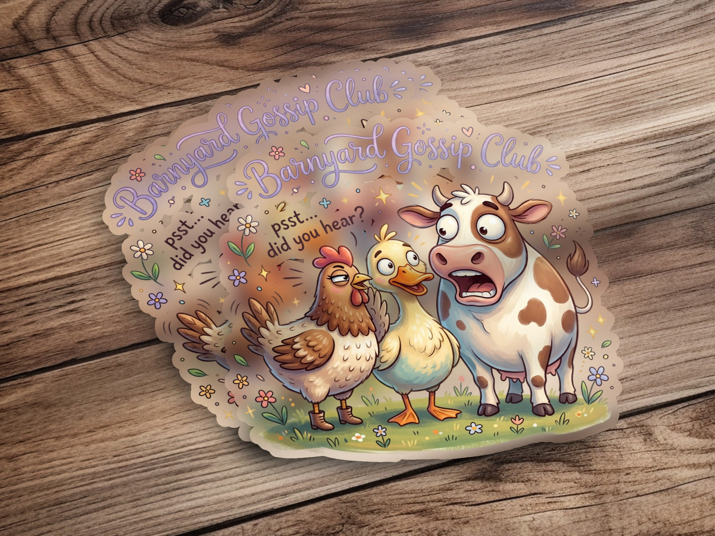 Barnyard Gossip Club stickers featuring a surprised cow, chicken, and duck.