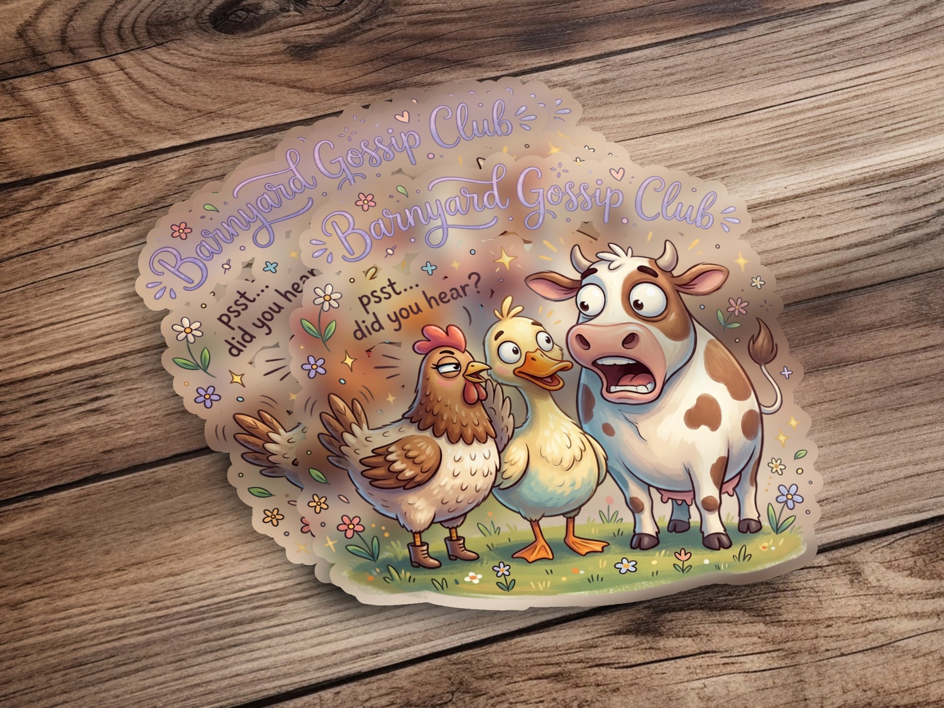 Barnyard Gossip Club stickers featuring a surprised cow, chicken, and duck.