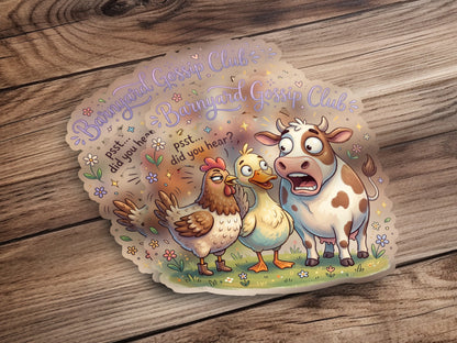 Barnyard Gossip Club stickers featuring a surprised cow, chicken, and duck.