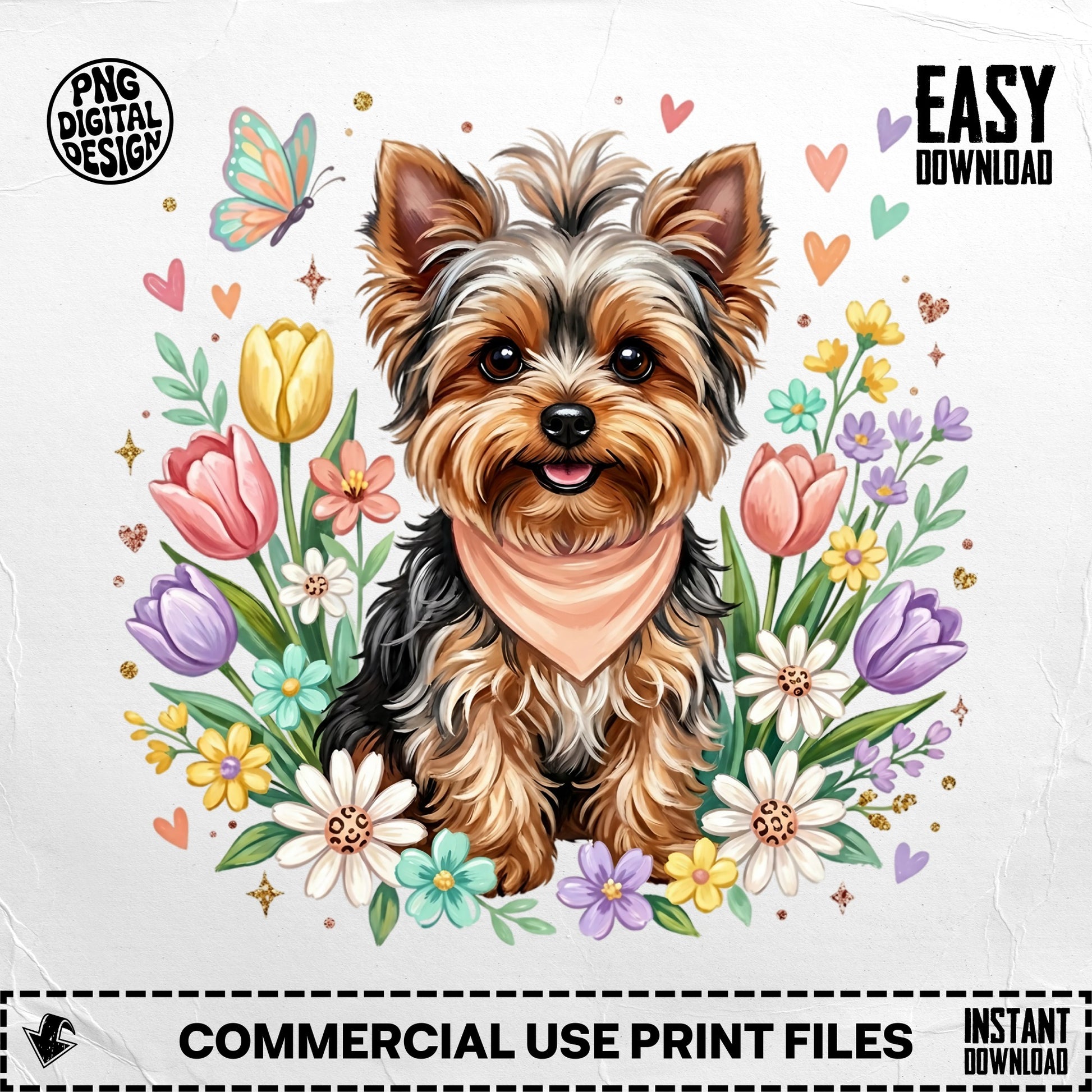 Yorkshire terrier with floral border and butterfly, easy download.