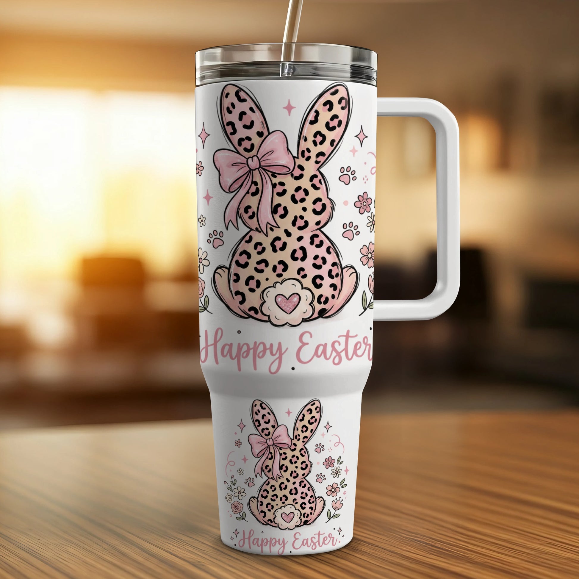 Easter bunny tumbler with pink bow and "Happy Easter" text.