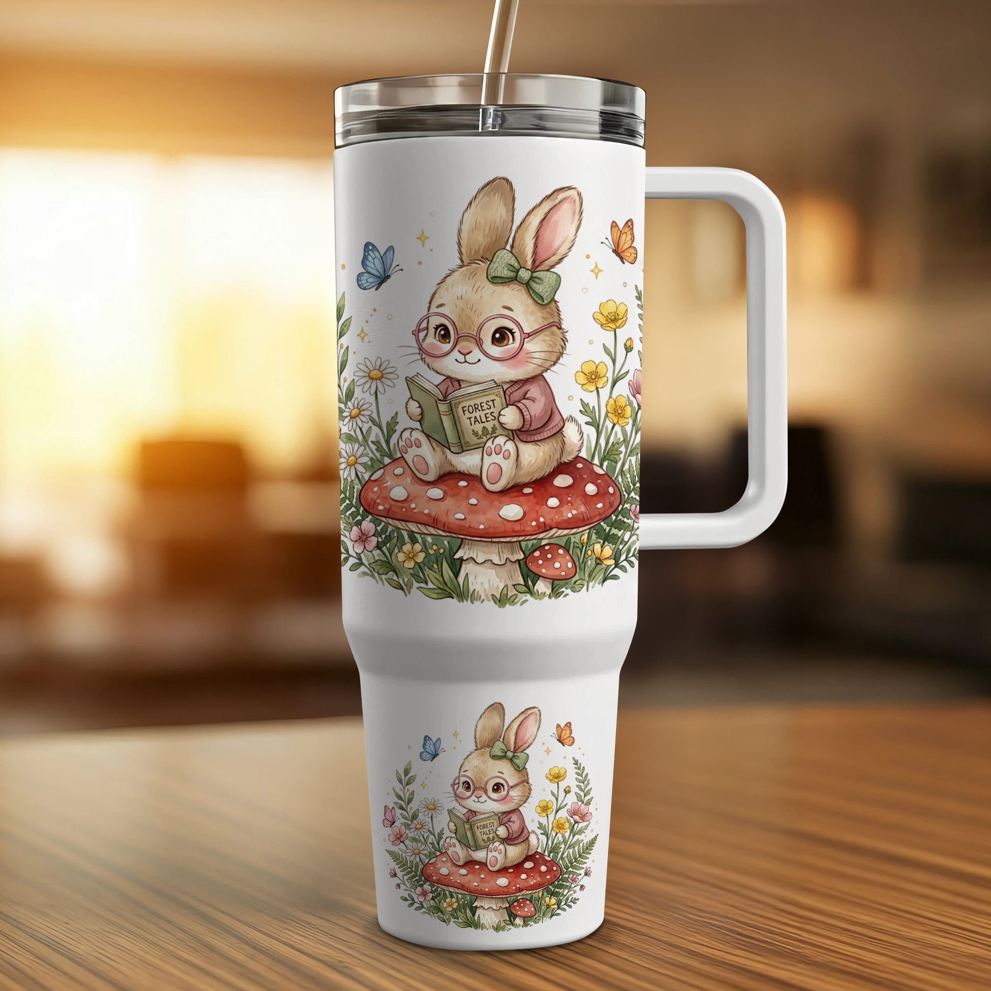 White tumbler with a bunny reading a book on a mushroom.