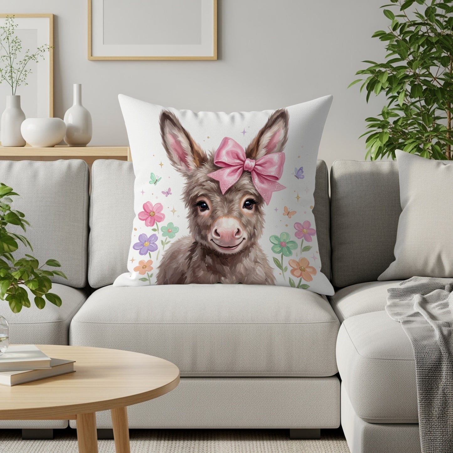 Donkey with pink bow on pillow with floral accents.