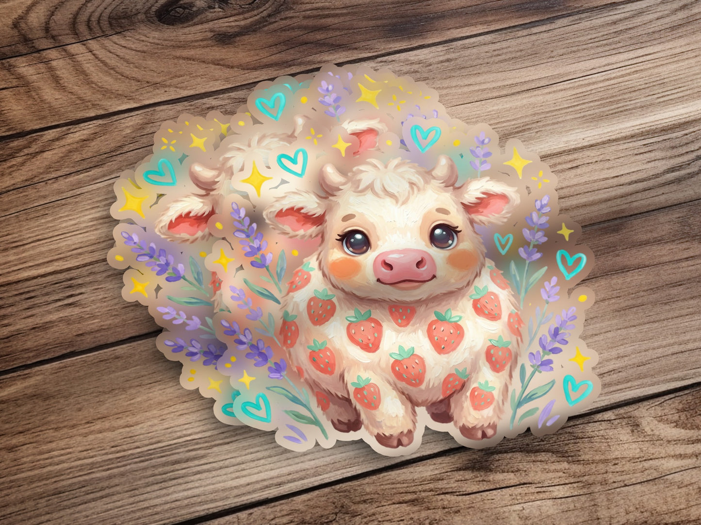 Cute strawberry cow sticker with hearts and lavender sprigs.