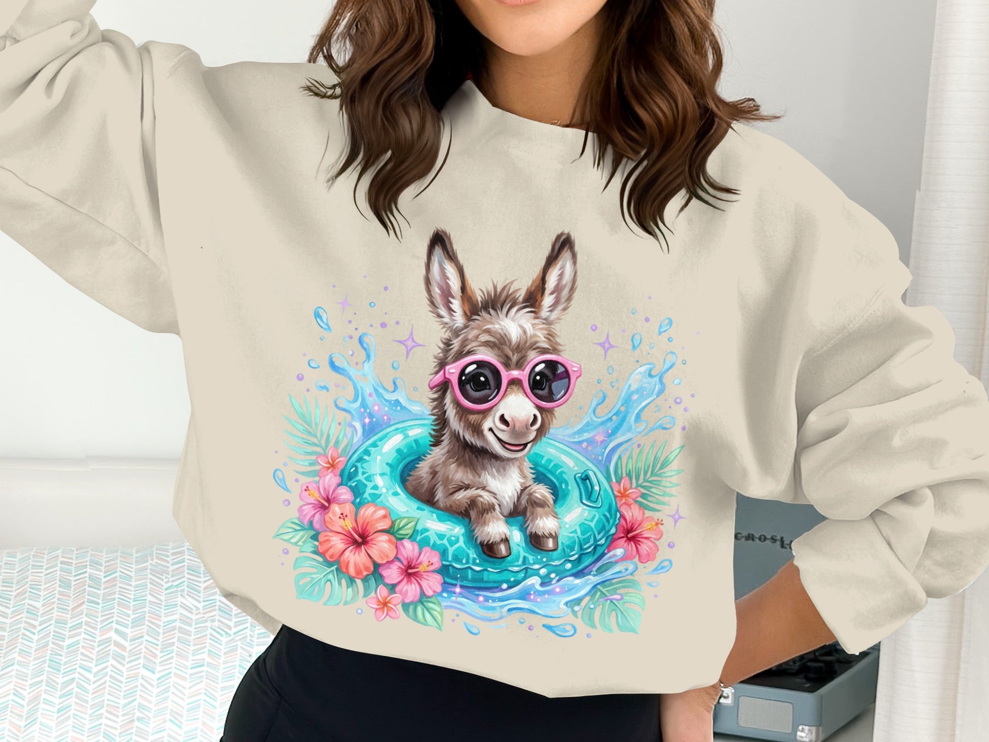 Donkey wearing pink sunglasses in a pool float with flowers.