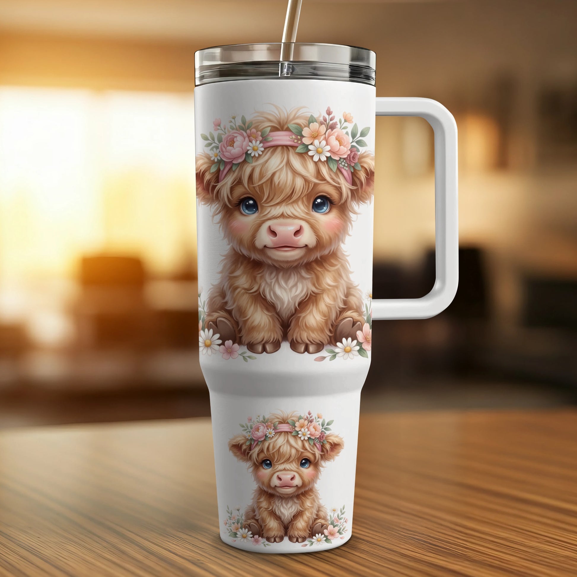 Two Highland cow tumblers, one large and one small, adorned with floral wreaths.