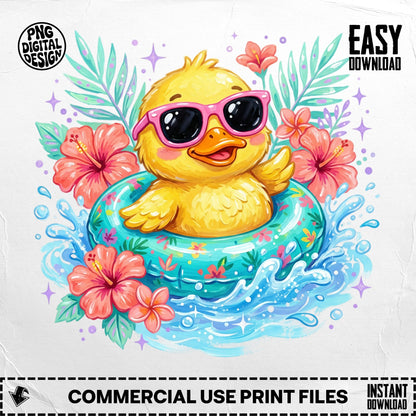 Cartoon duck with sunglasses in a pool float surrounded by hibiscus flowers.