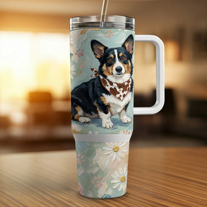 Corgi in bandana on floral patterned tumbler with straw.