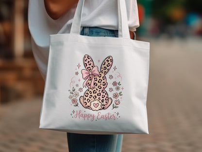 White tote bag with a pink leopard print bunny and "Happy Easter" text.