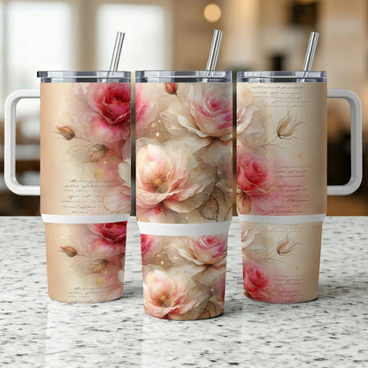 Floral tumbler with pink and white roses and handwritten script.
