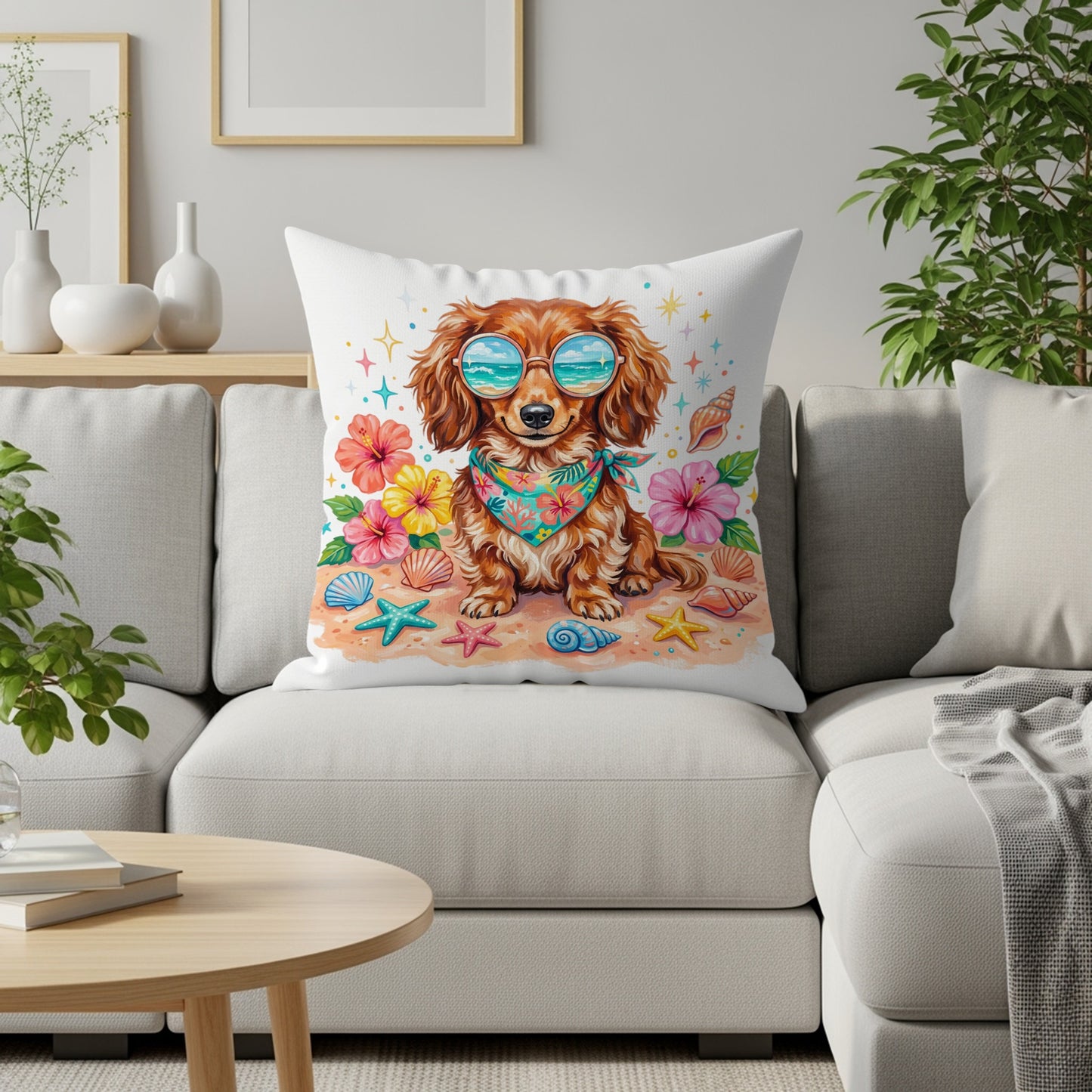 Dachshund wearing sunglasses and bandana on a beach pillow.