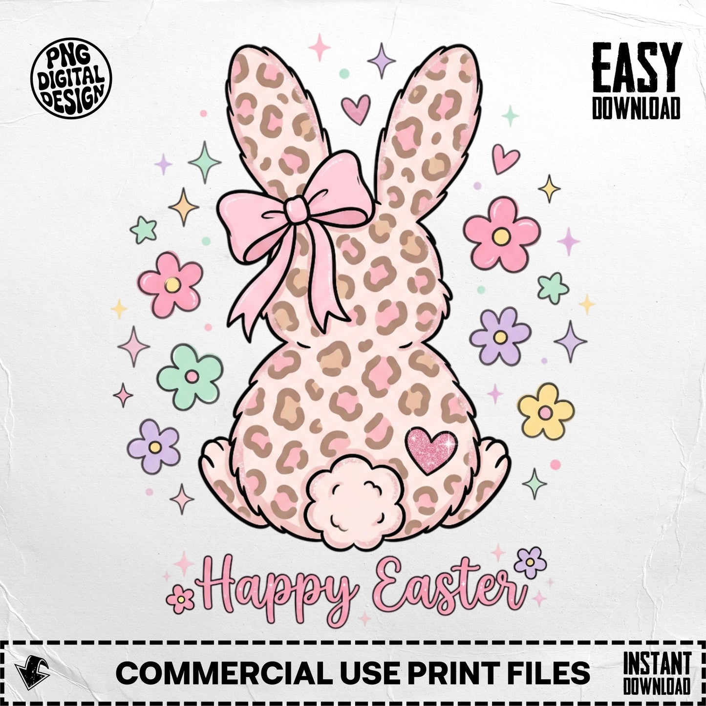 Cute leopard print bunny with bow, surrounded by colorful flowers, "Happy Easter" text.